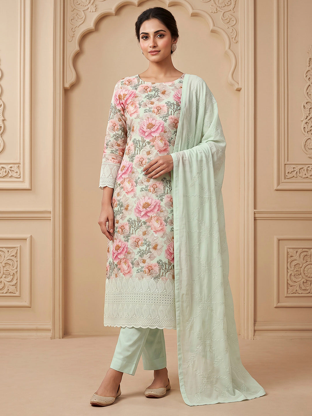 Pista Green Cotton Blend Printed Unstitched Dress Material