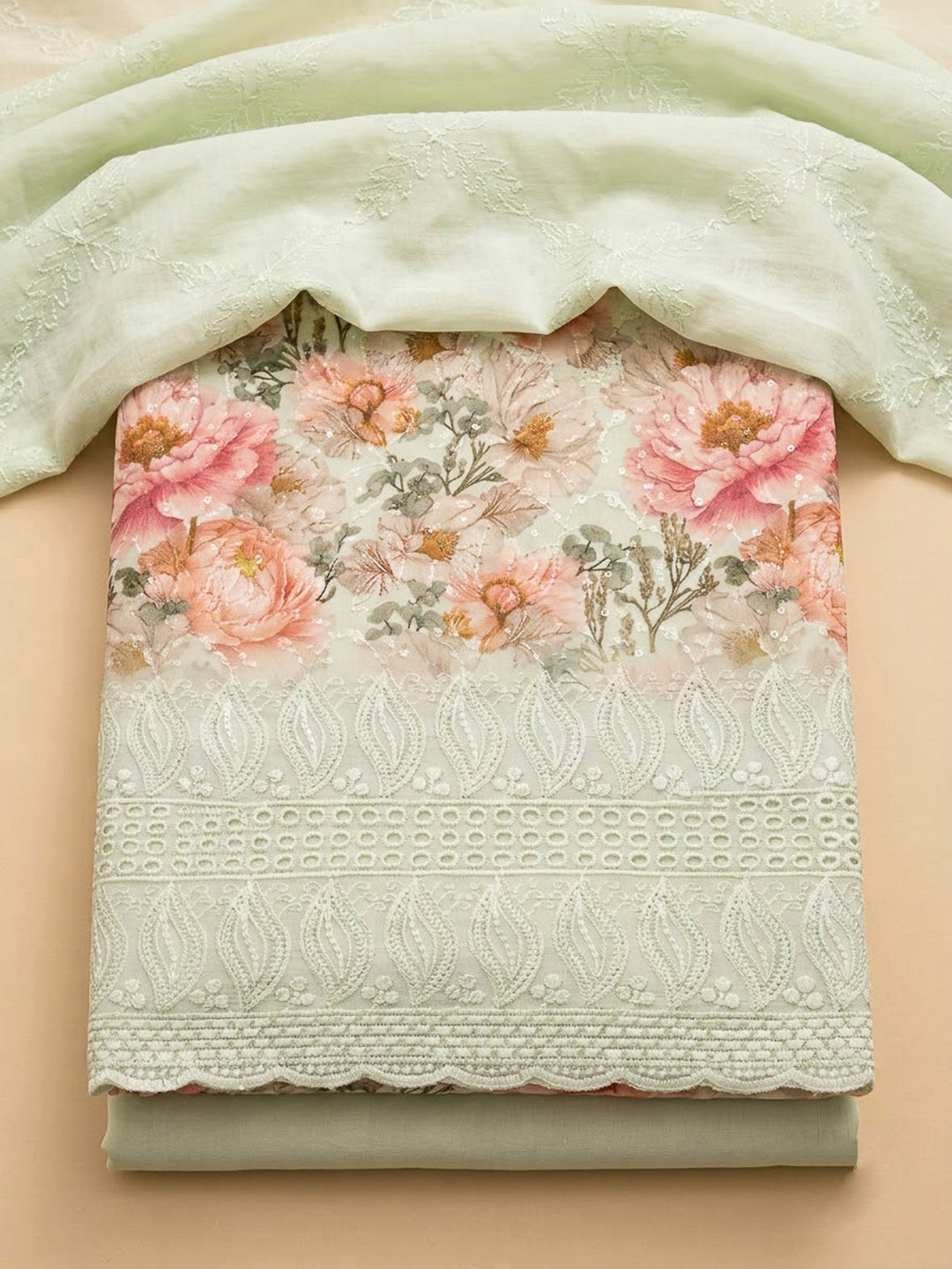 Pista Green Cotton Blend Printed Unstitched Dress Material