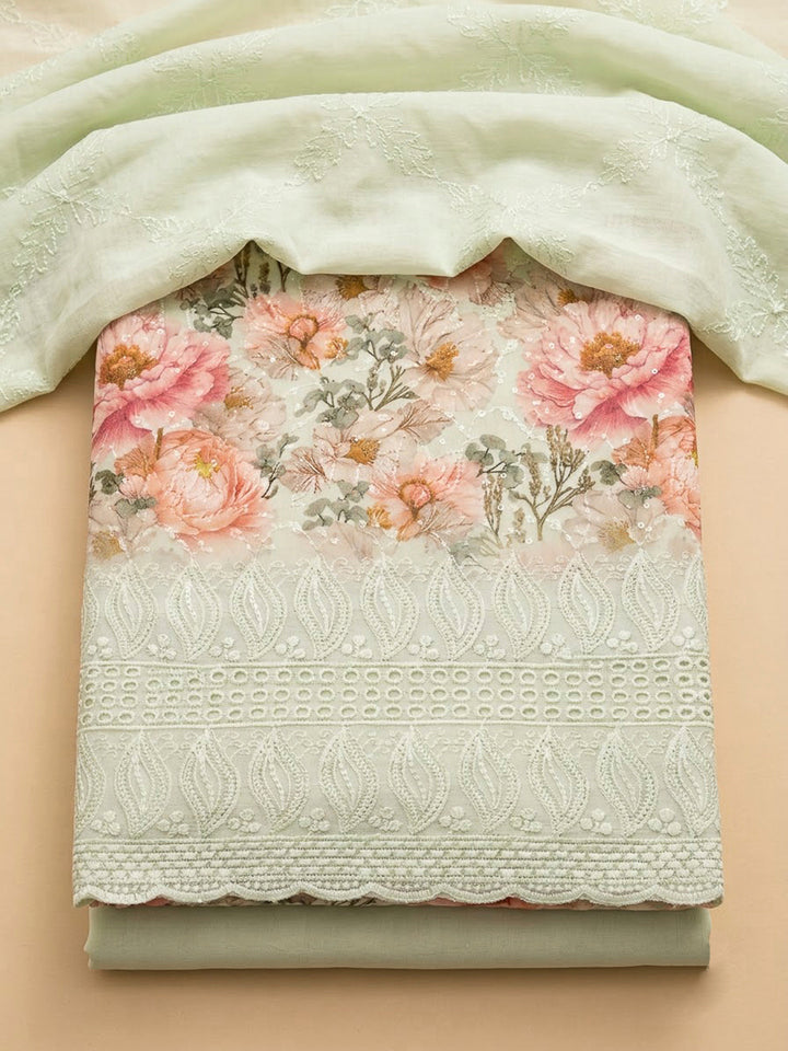 Pista Green Cotton Blend Printed Unstitched Dress Material