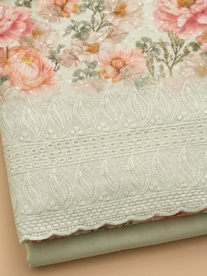 Pista Green Cotton Blend Printed Unstitched Dress Material
