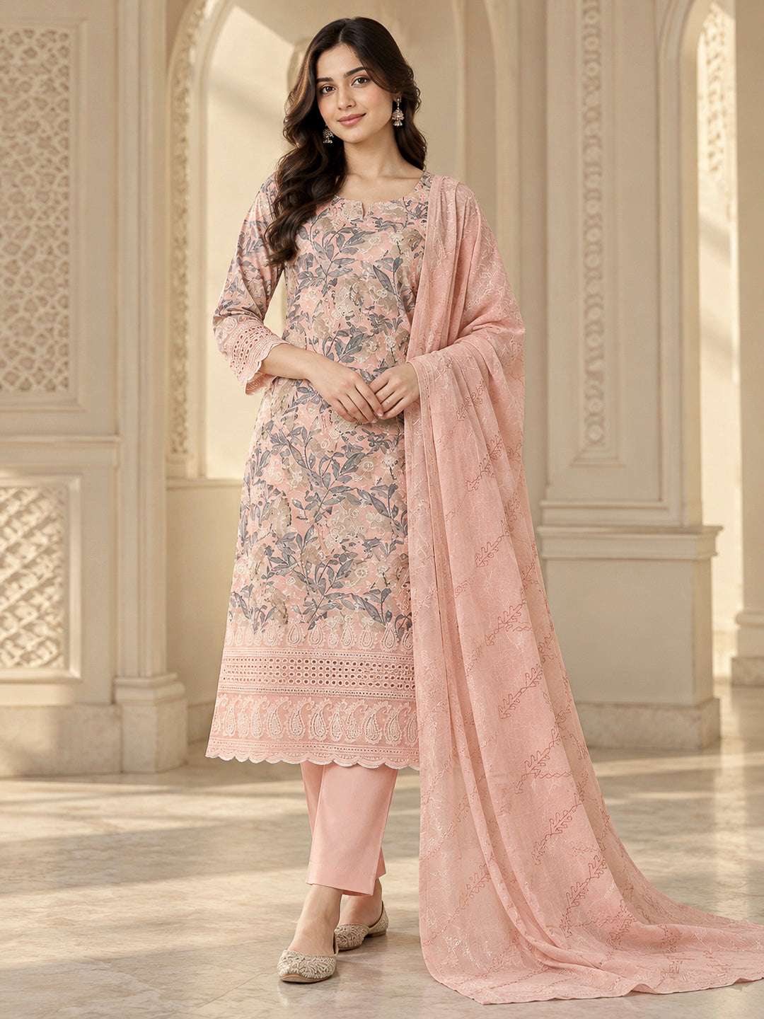 Peach Cotton Blend Printed Unstitched Dress Material