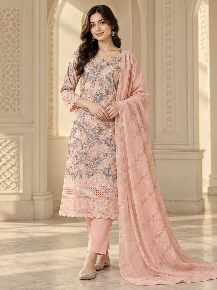Peach Cotton Blend Printed Unstitched Dress Material