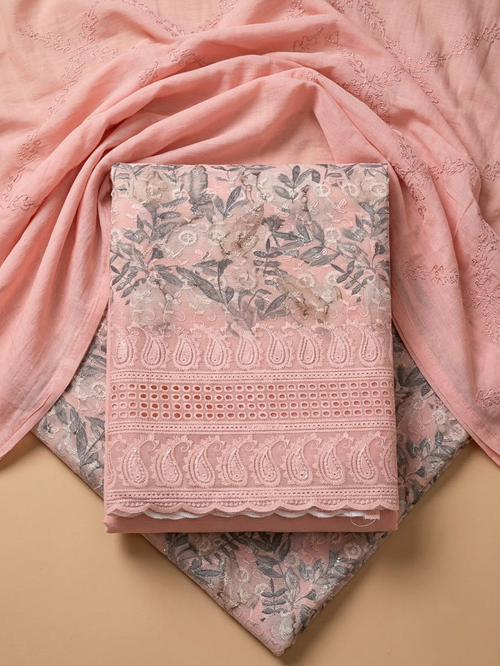 Peach Cotton Blend Printed Unstitched Dress Material