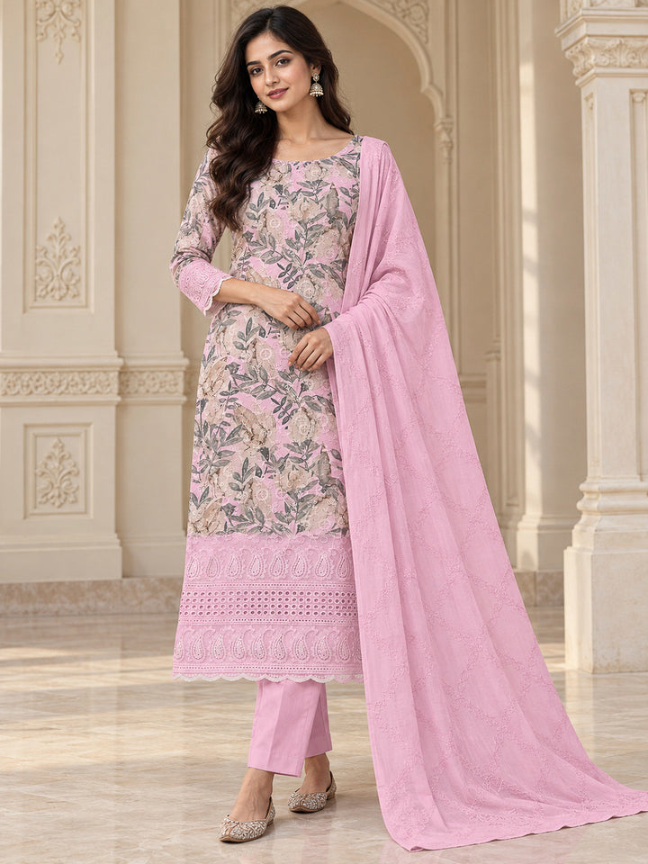 Pink Cotton Blend Printed Unstitched Dress Material