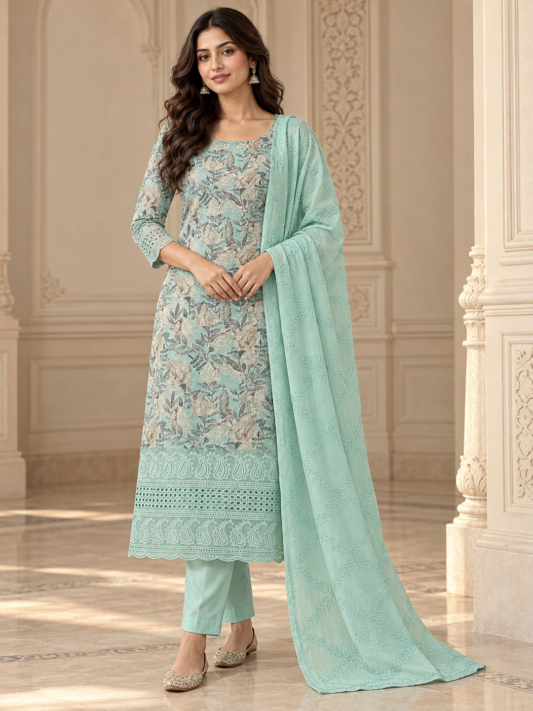 Sea Green Cotton Blend Printed Unstitched Dress Material