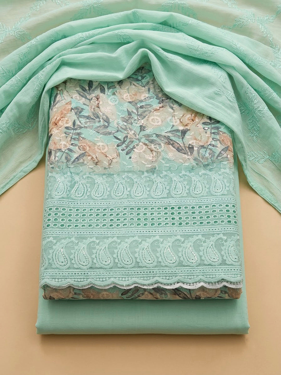 Sea Green Cotton Blend Printed Unstitched Dress Material
