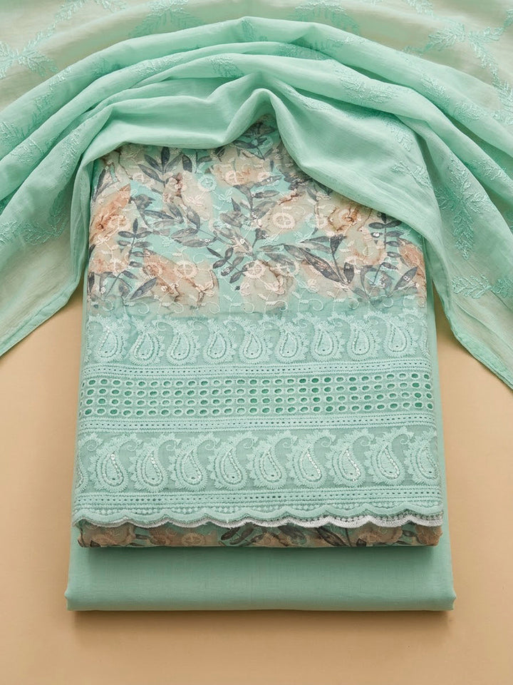 Sea Green Cotton Blend Printed Unstitched Dress Material