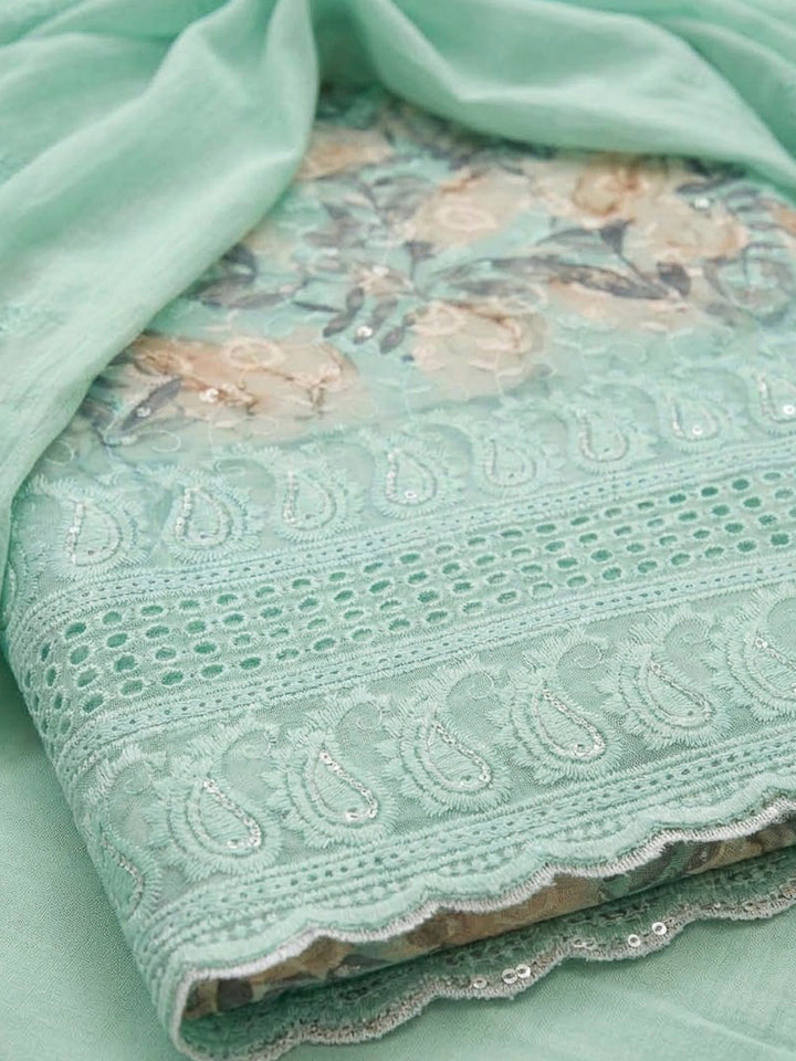 Sea Green Cotton Blend Printed Unstitched Dress Material