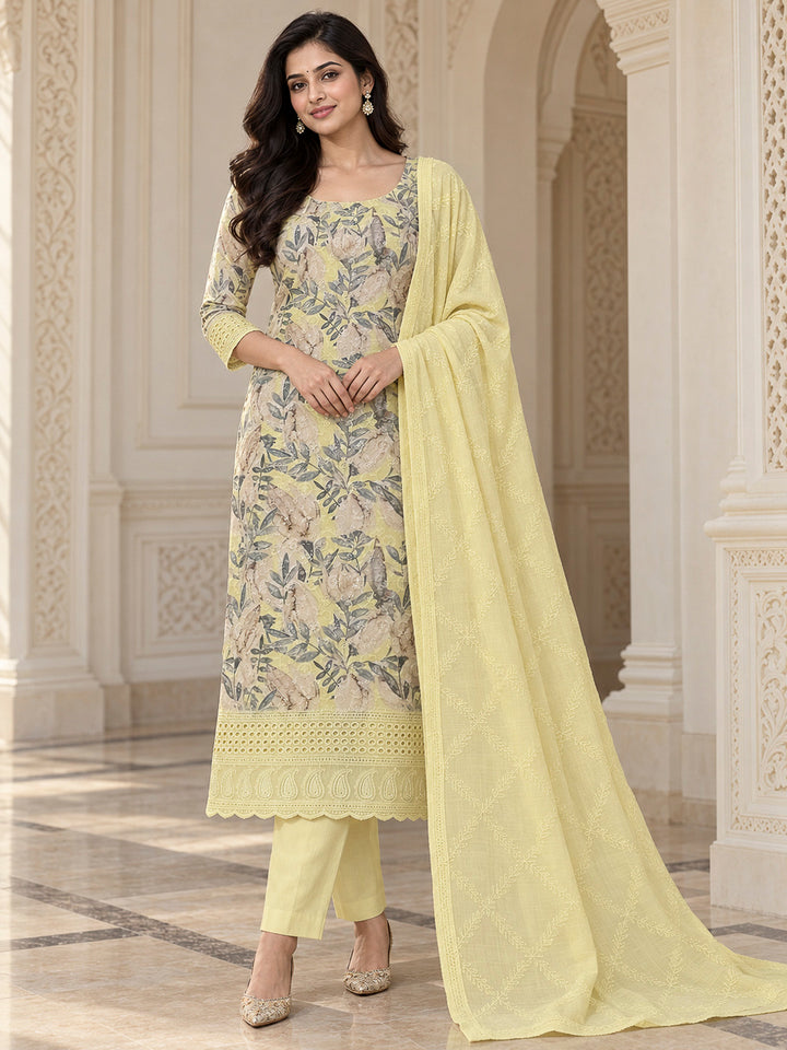 Yellow Cotton Blend Printed Unstitched Dress Material