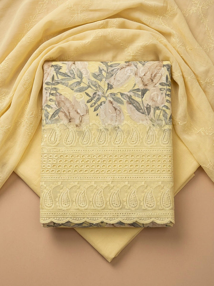 Yellow Cotton Blend Printed Unstitched Dress Material