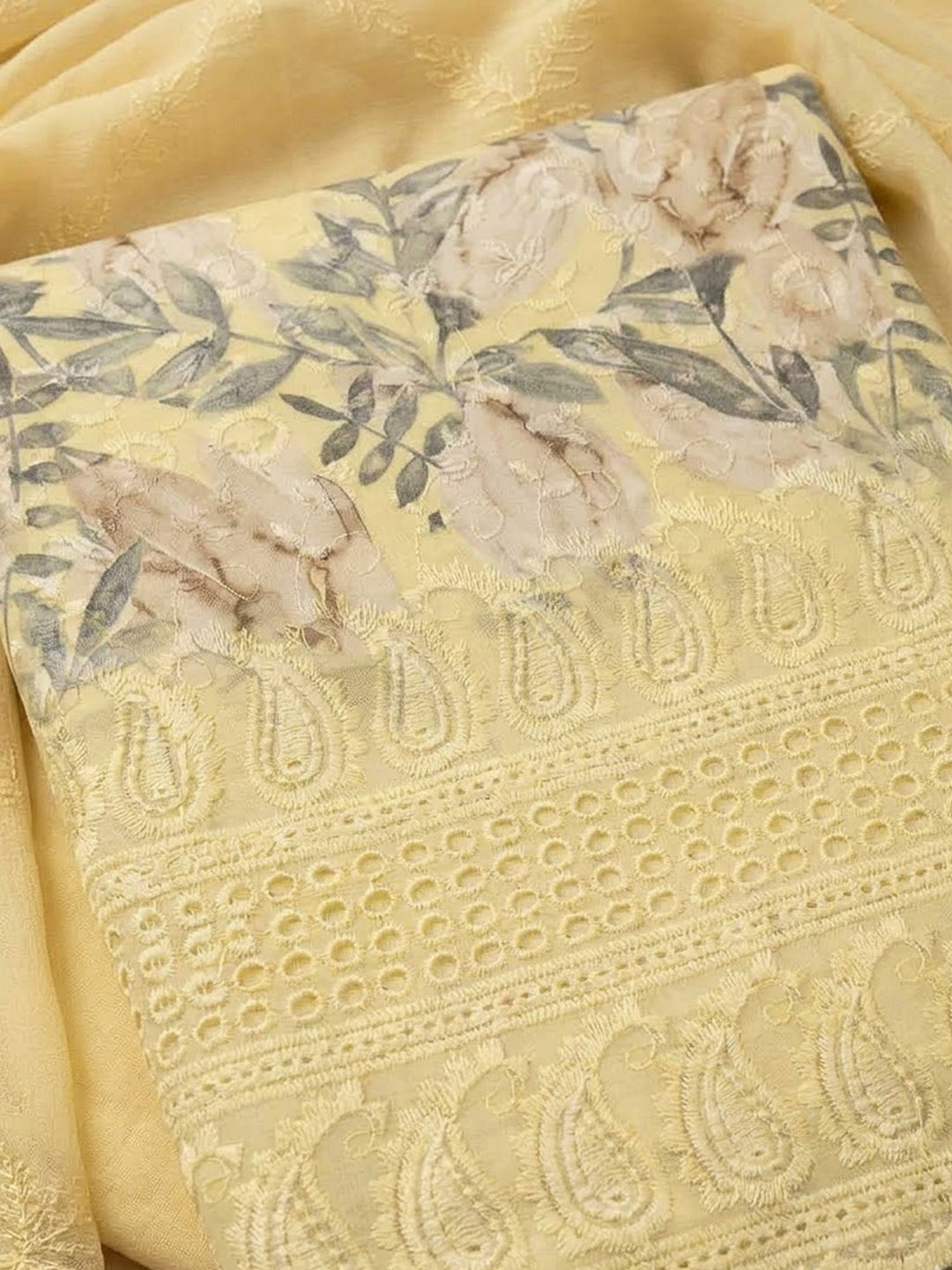 Yellow Cotton Blend Printed Unstitched Dress Material