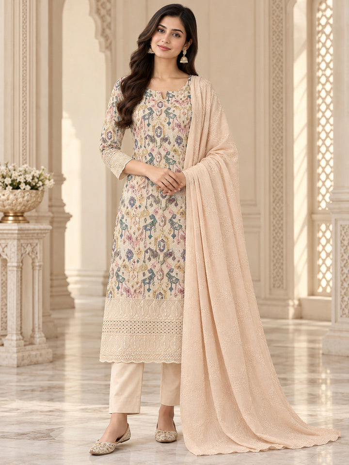 Beige Cotton Blend Printed Unstitched Dress Material