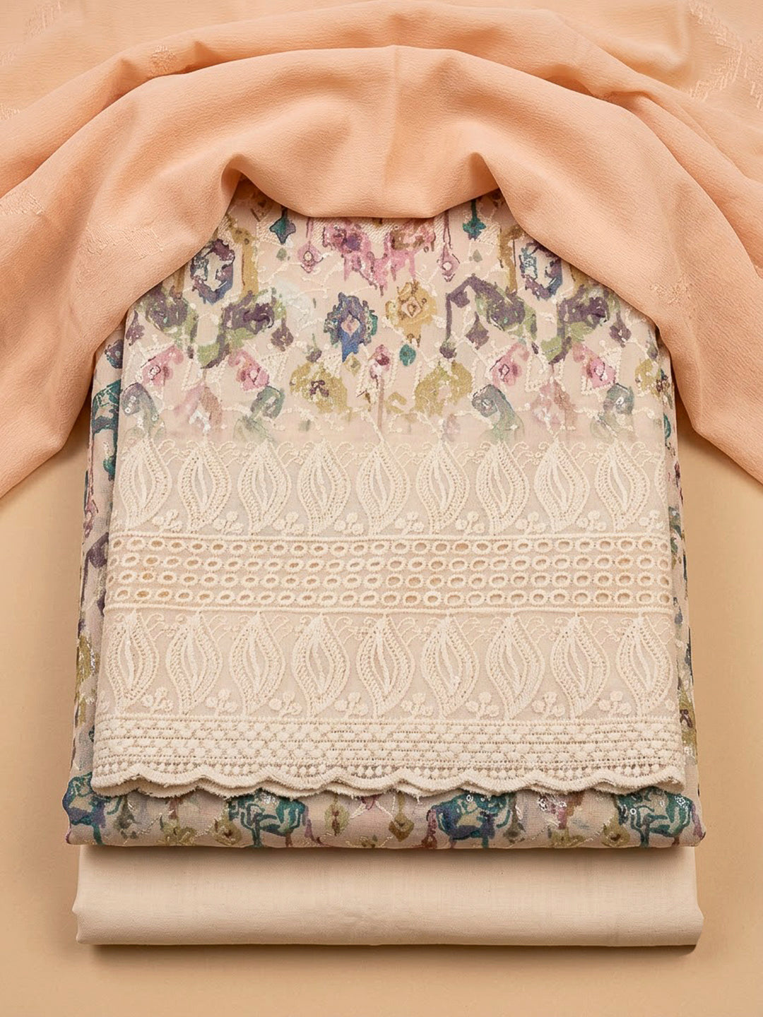 Beige Cotton Blend Printed Unstitched Dress Material