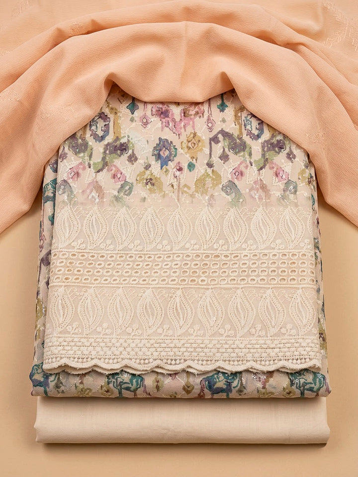 Beige Cotton Blend Printed Unstitched Dress Material