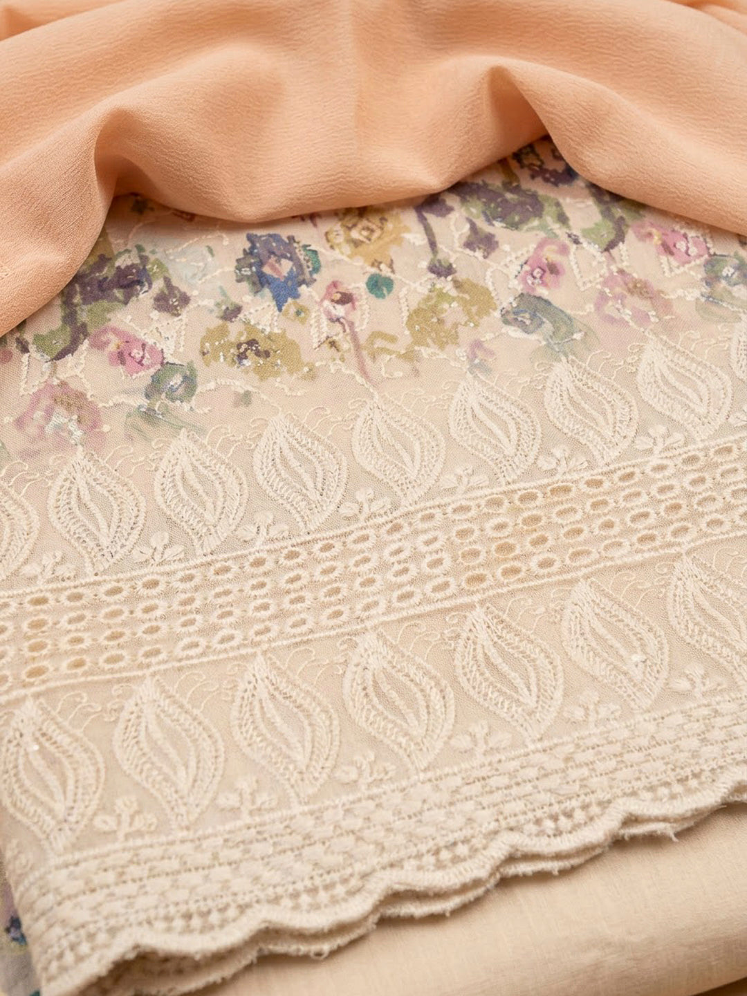 Beige Cotton Blend Printed Unstitched Dress Material