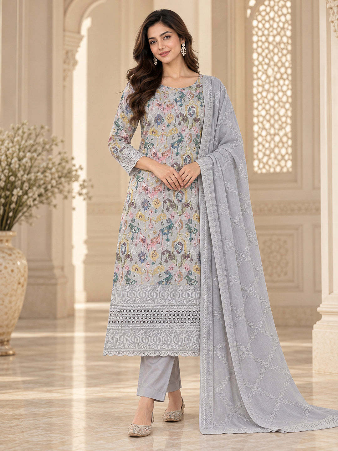 Grey Cotton Blend Printed Unstitched Dress Material
