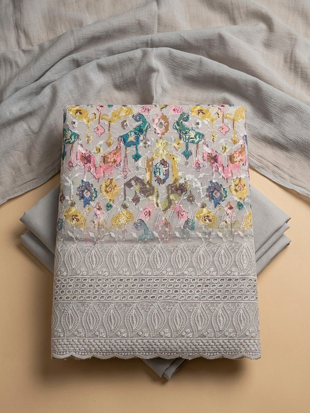 Grey Cotton Blend Printed Unstitched Dress Material