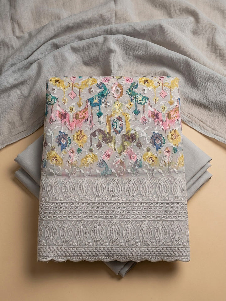 Grey Cotton Blend Printed Unstitched Dress Material