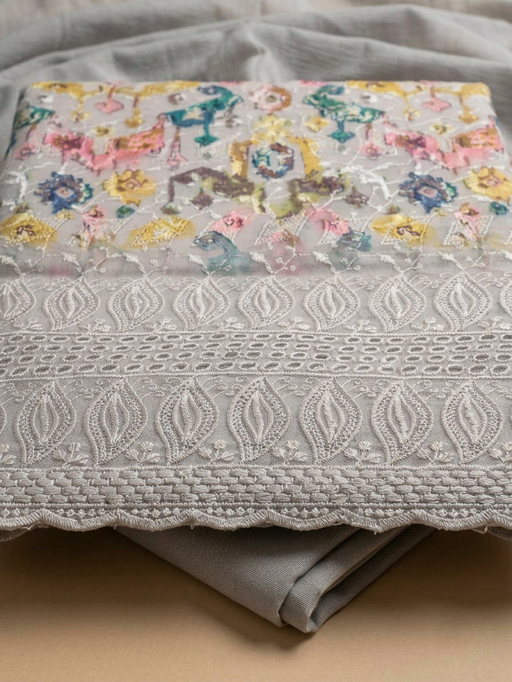 Grey Cotton Blend Printed Unstitched Dress Material