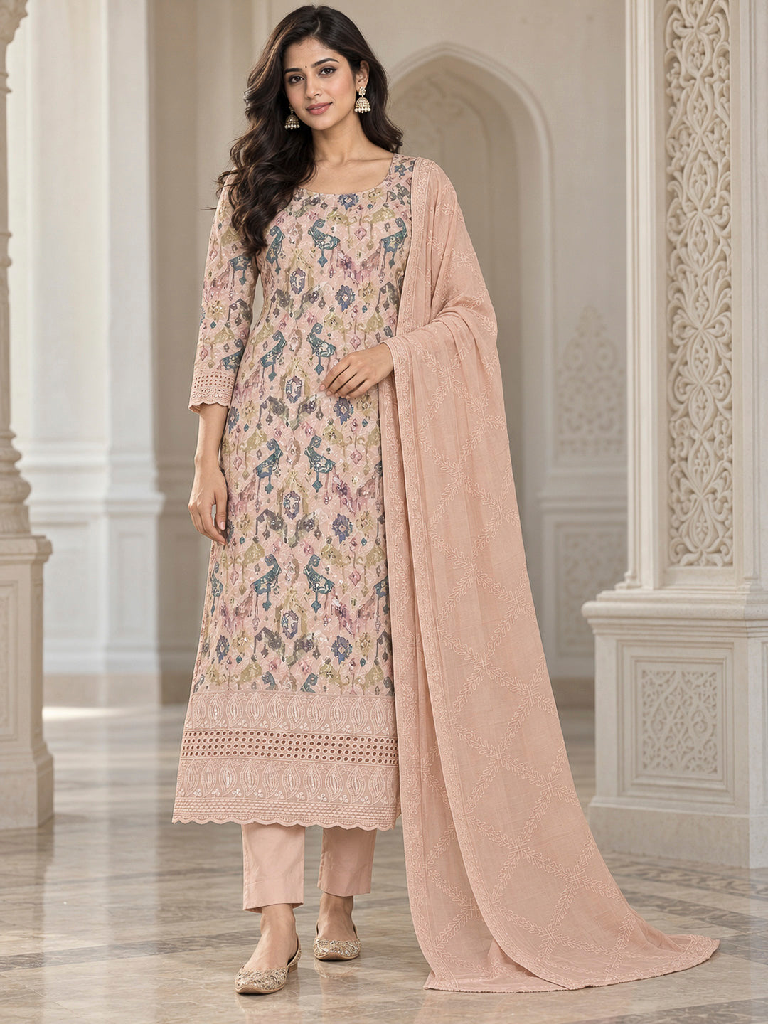 Peach Cotton Blend Printed Unstitched Dress Material