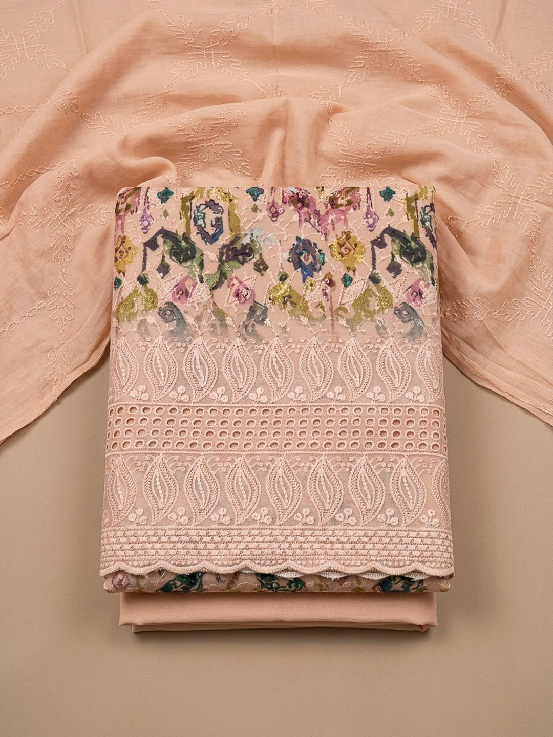 Peach Cotton Blend Printed Unstitched Dress Material