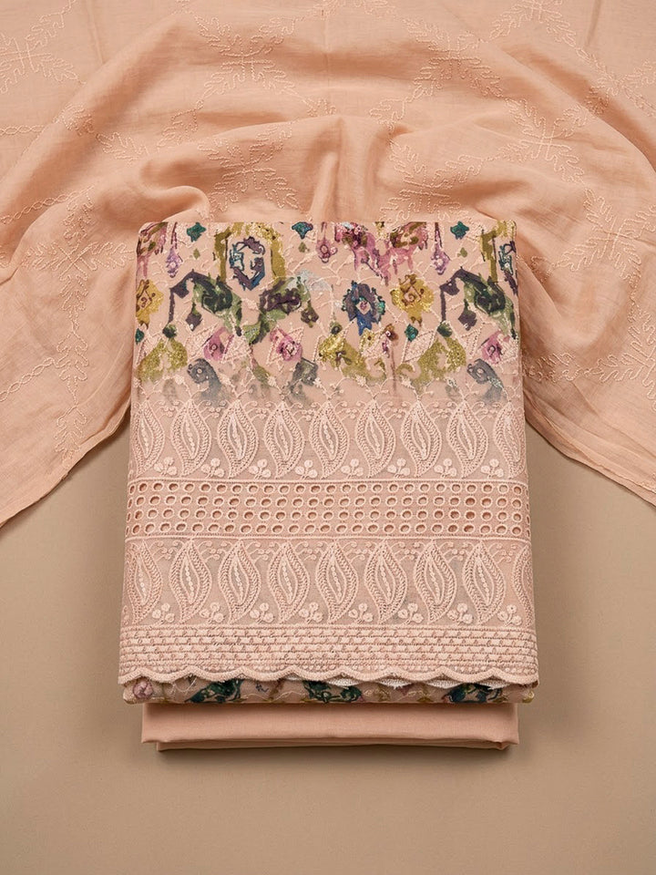 Peach Cotton Blend Printed Unstitched Dress Material