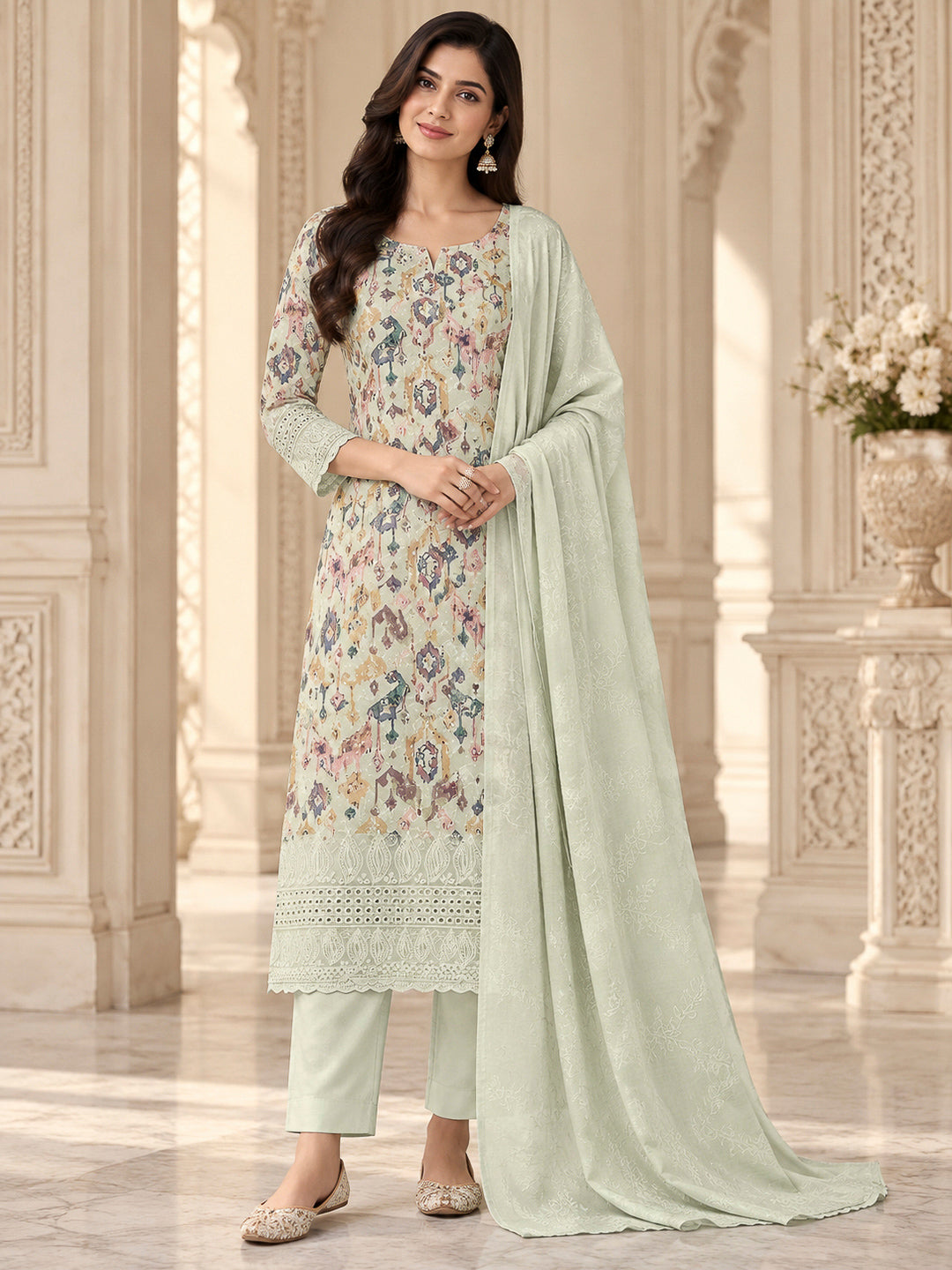Pista Green Cotton Blend Printed Unstitched Dress Material