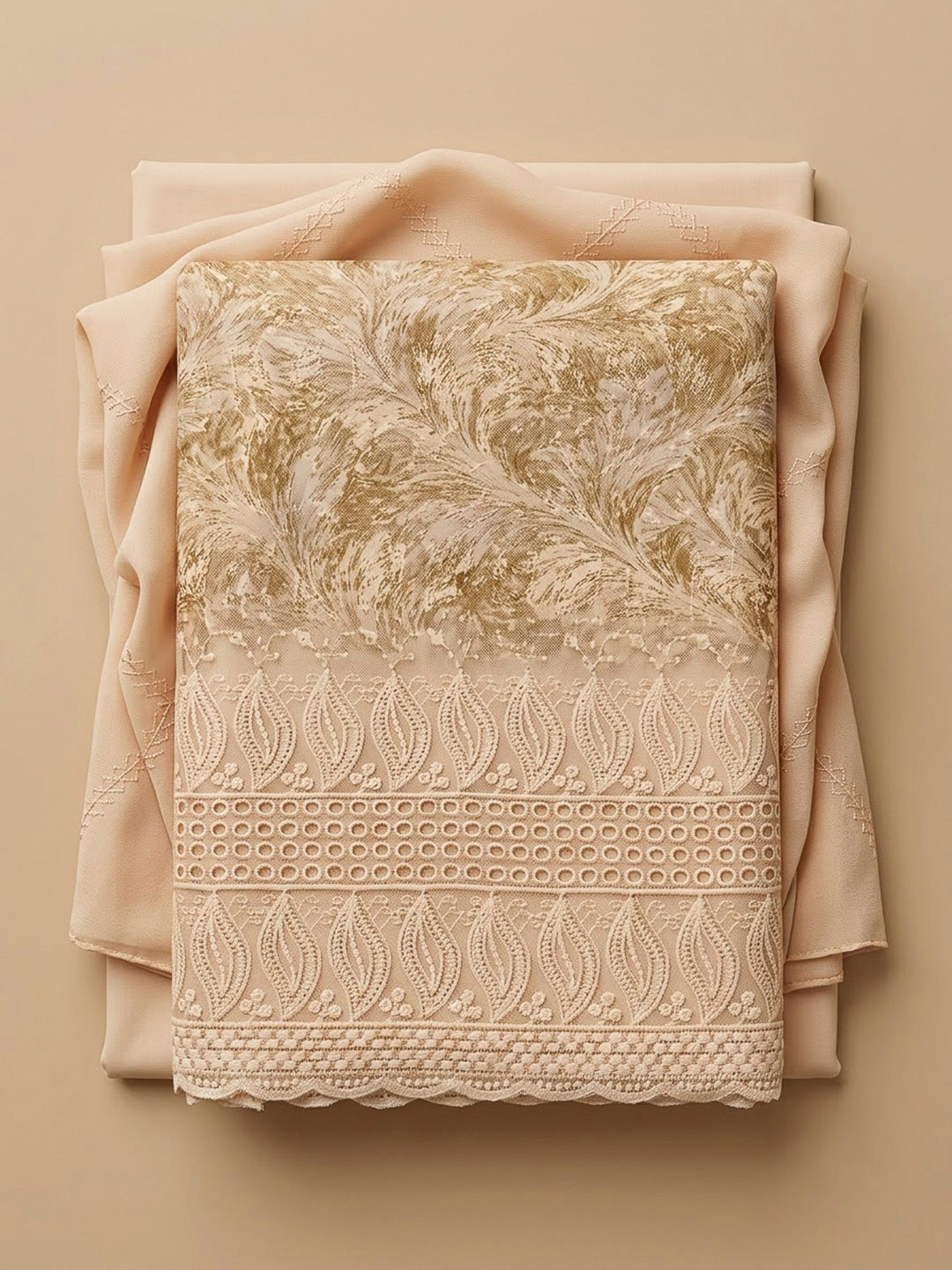 Beige Cotton Blend Printed Unstitched Dress Material