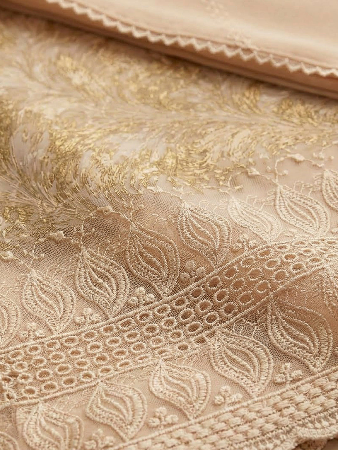 Beige Cotton Blend Printed Unstitched Dress Material