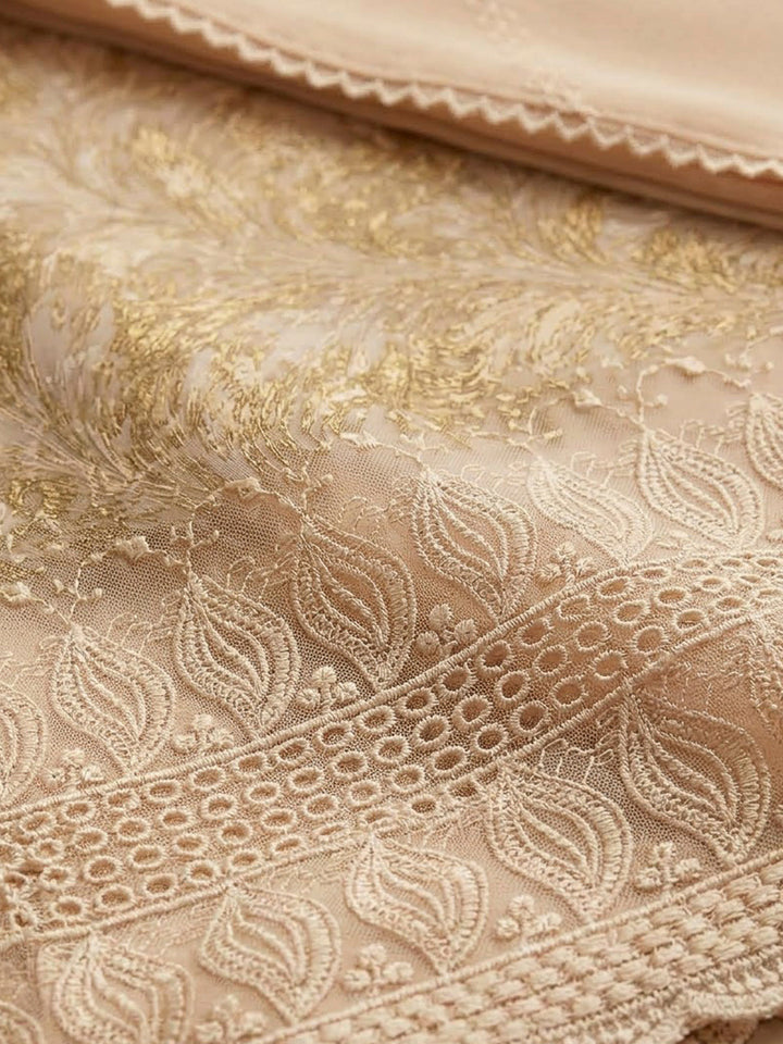 Beige Cotton Blend Printed Unstitched Dress Material