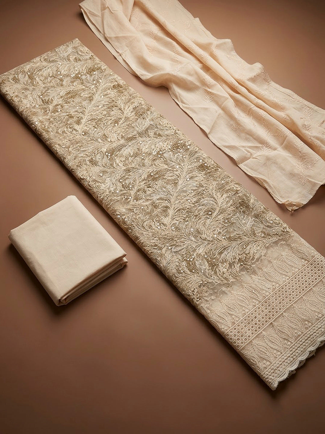 Beige Cotton Blend Printed Unstitched Dress Material