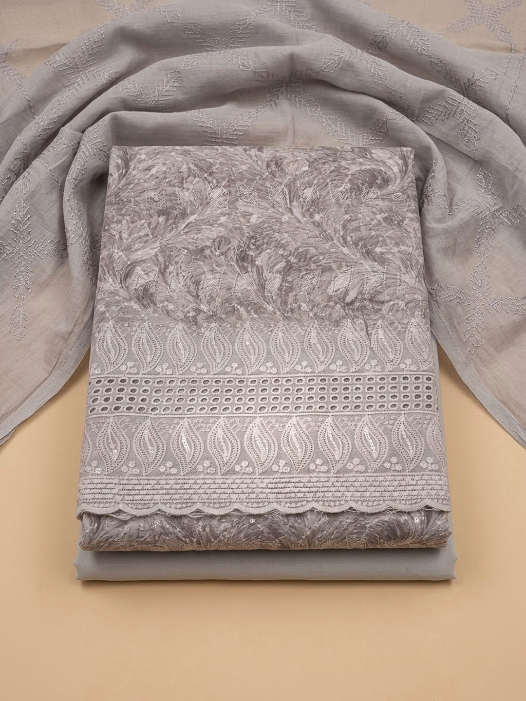 Grey Cotton Blend Printed Unstitched Dress Material