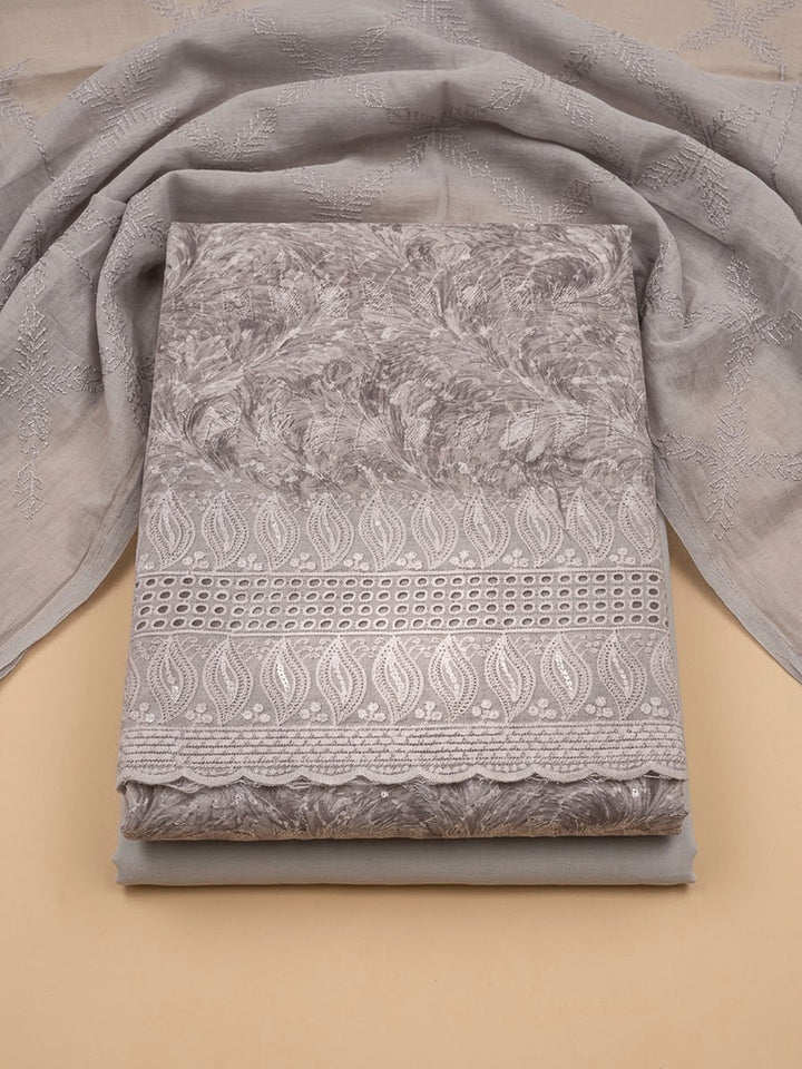 Grey Cotton Blend Printed Unstitched Dress Material