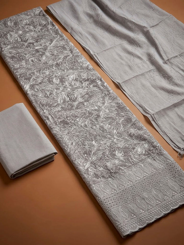 Grey Cotton Blend Printed Unstitched Dress Material