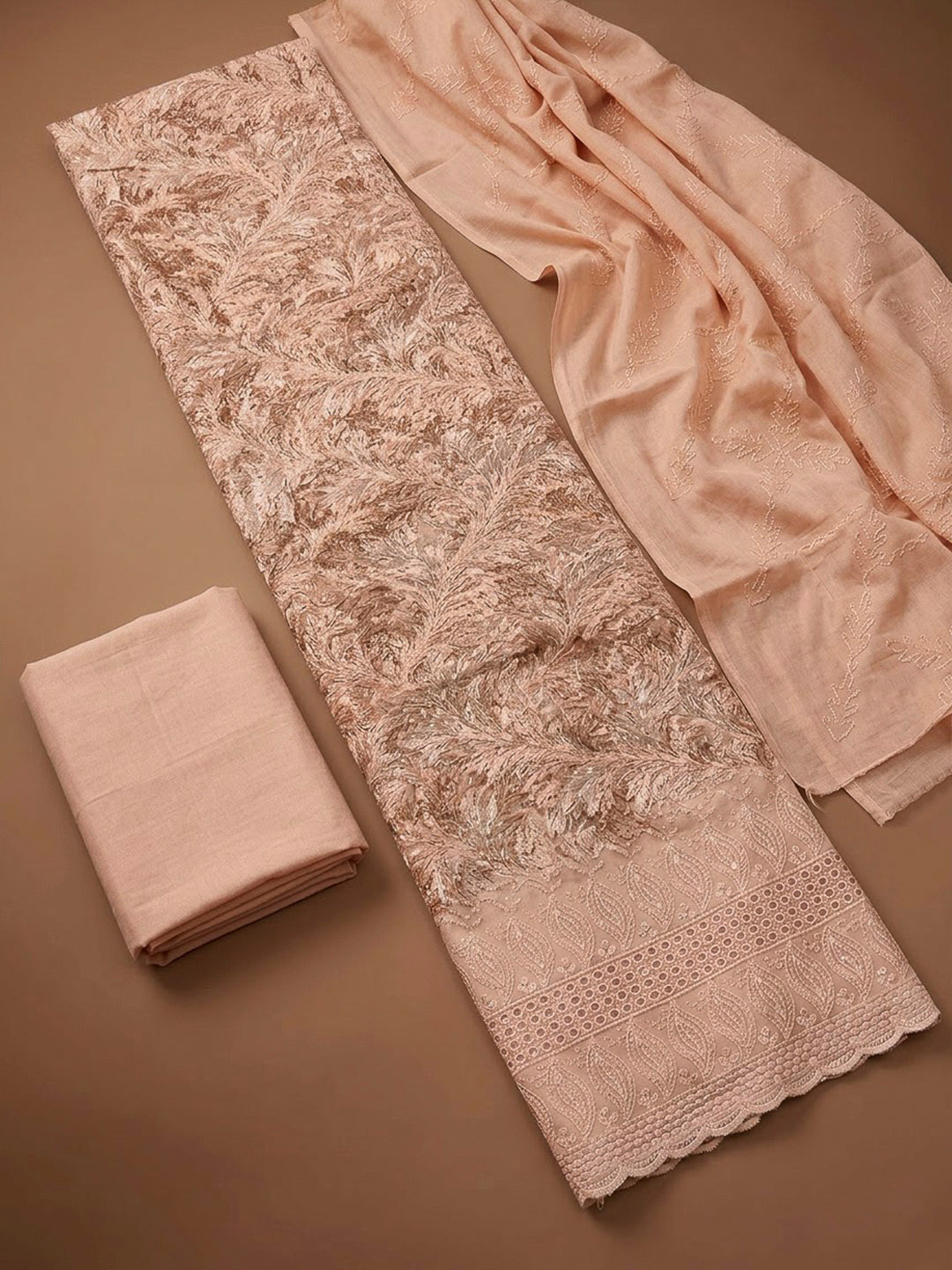 Peach Cotton Blend Printed Unstitched Dress Material