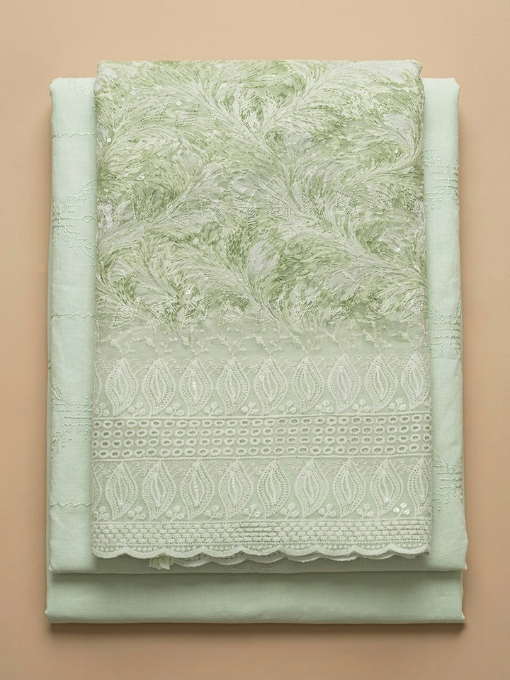 Pista Green Cotton Blend Printed Unstitched Dress Material