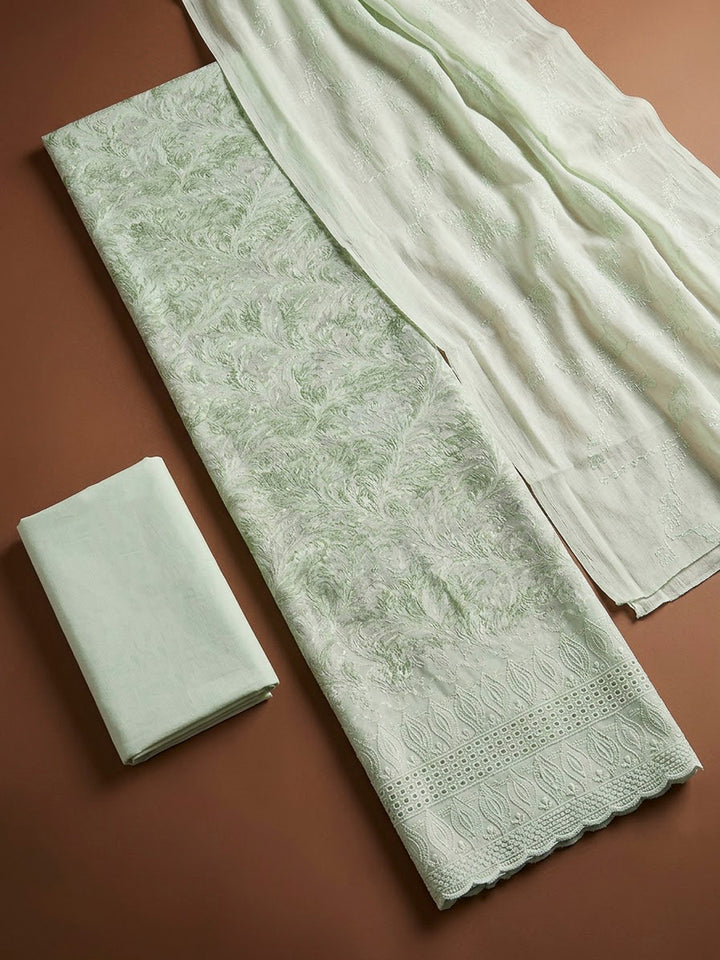 Pista Green Cotton Blend Printed Unstitched Dress Material