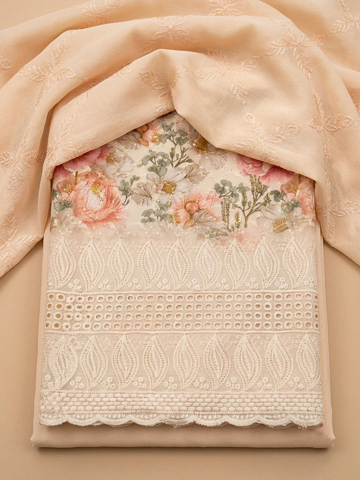 Beige Cotton Blend Printed Unstitched Dress Material