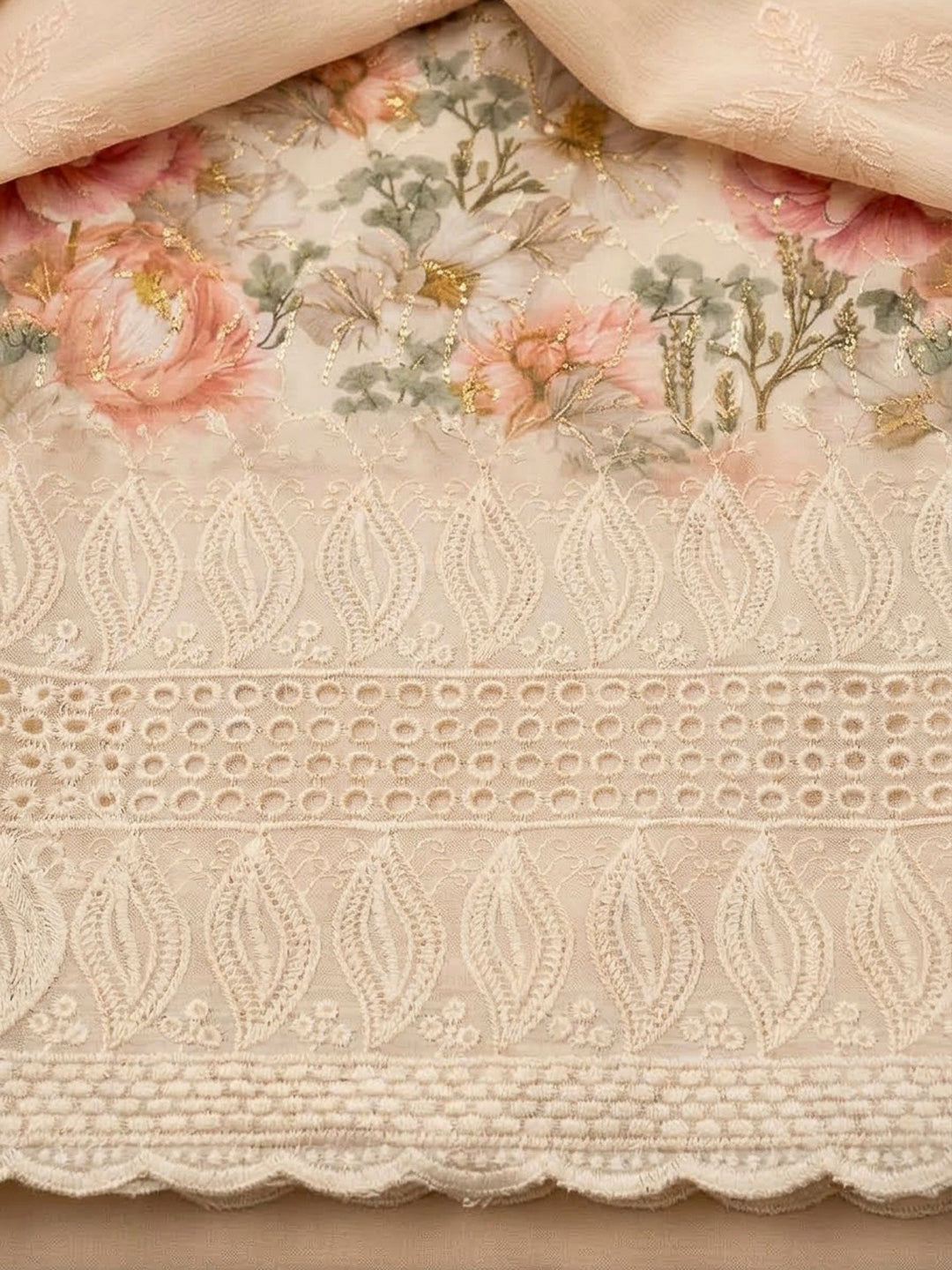Beige Cotton Blend Printed Unstitched Dress Material
