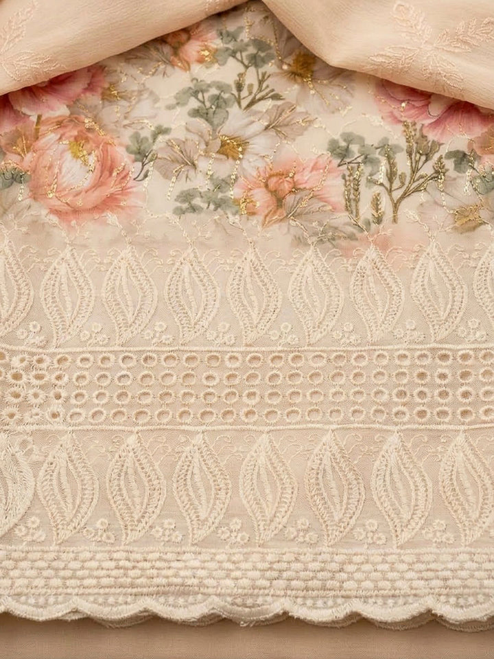 Beige Cotton Blend Printed Unstitched Dress Material