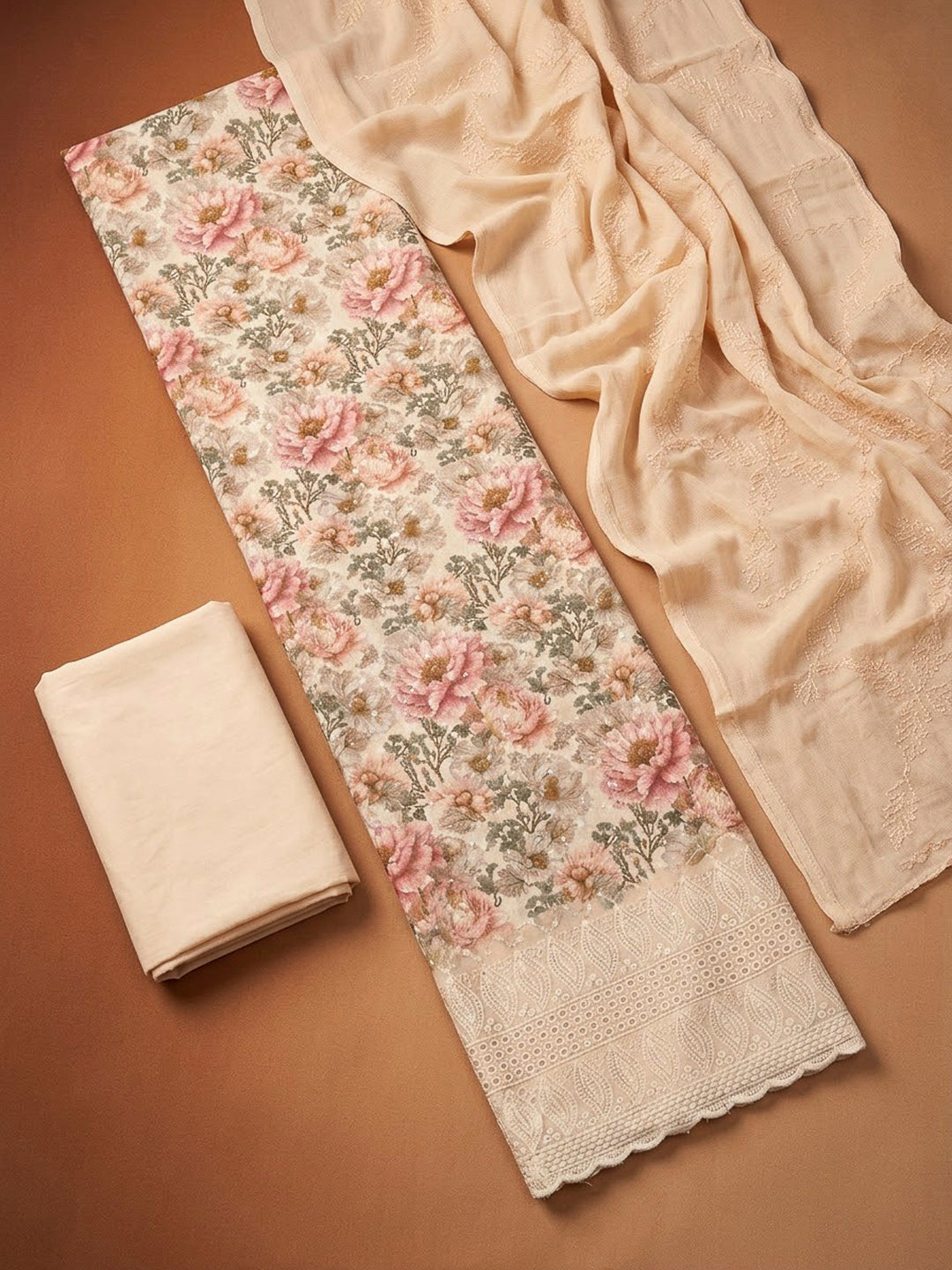 Beige Cotton Blend Printed Unstitched Dress Material