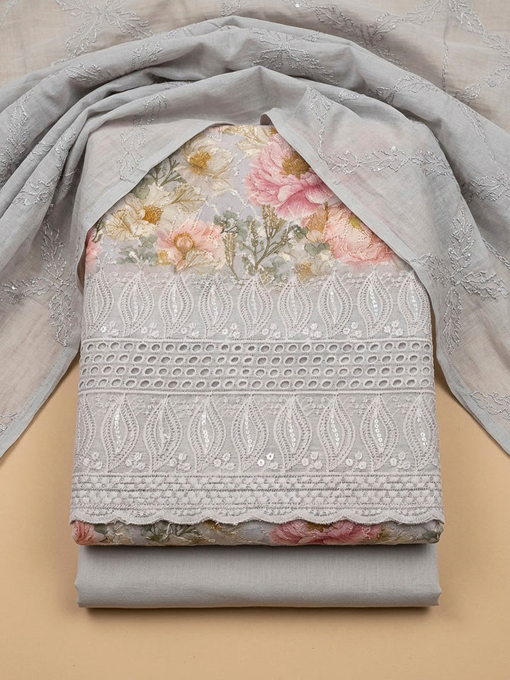 Grey Cotton Blend Printed Unstitched Dress Material