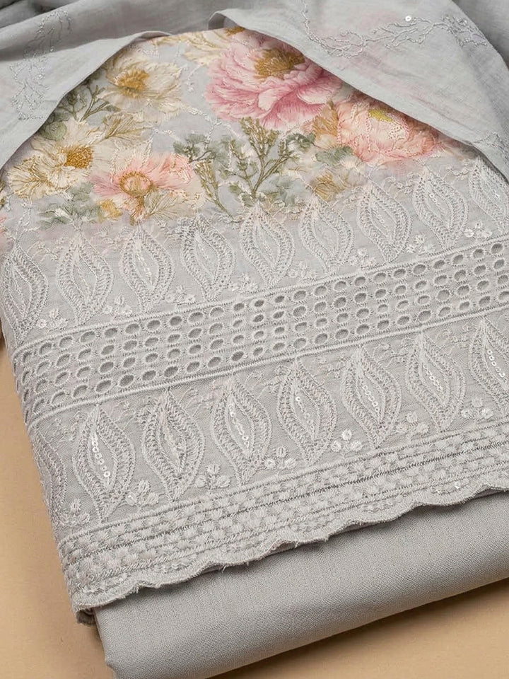 Grey Cotton Blend Printed Unstitched Dress Material