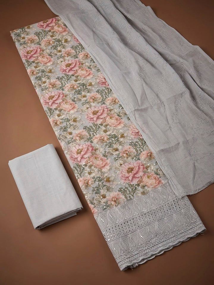 Grey Cotton Blend Printed Unstitched Dress Material