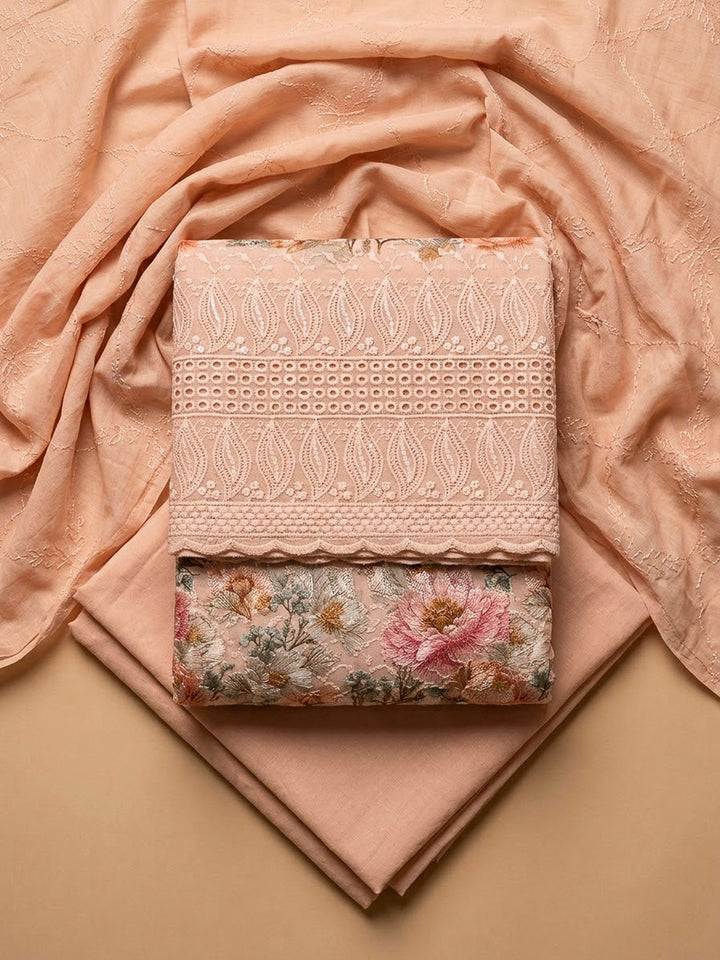 Peach Cotton Blend Printed Unstitched Dress Material