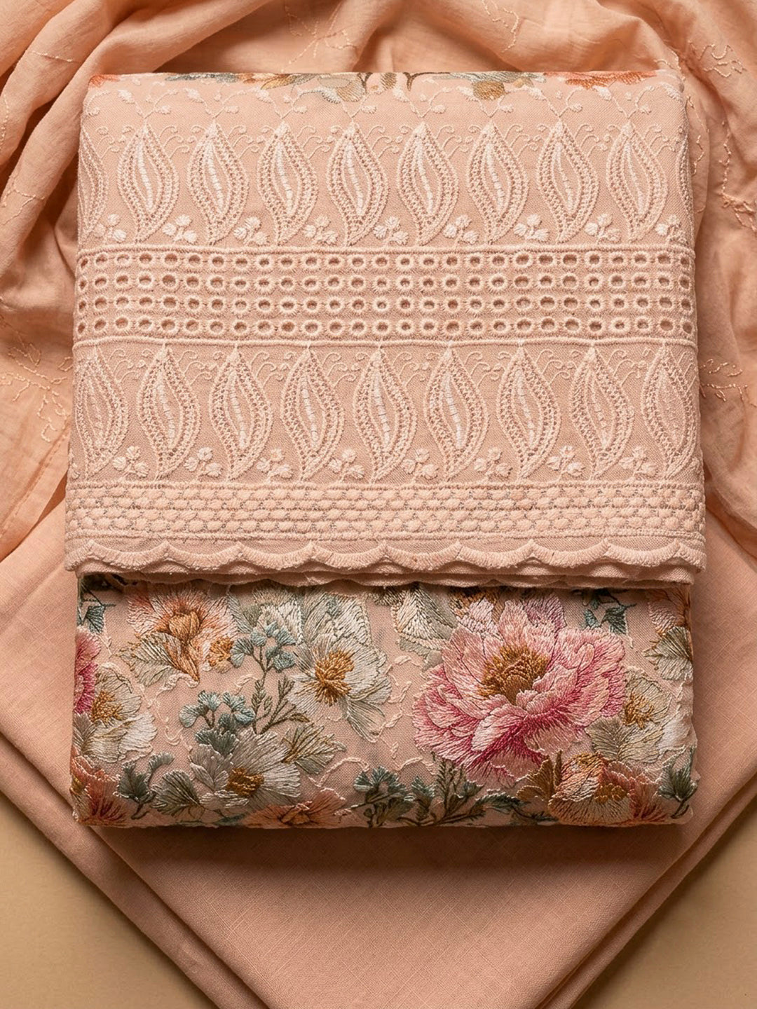 Peach Cotton Blend Printed Unstitched Dress Material