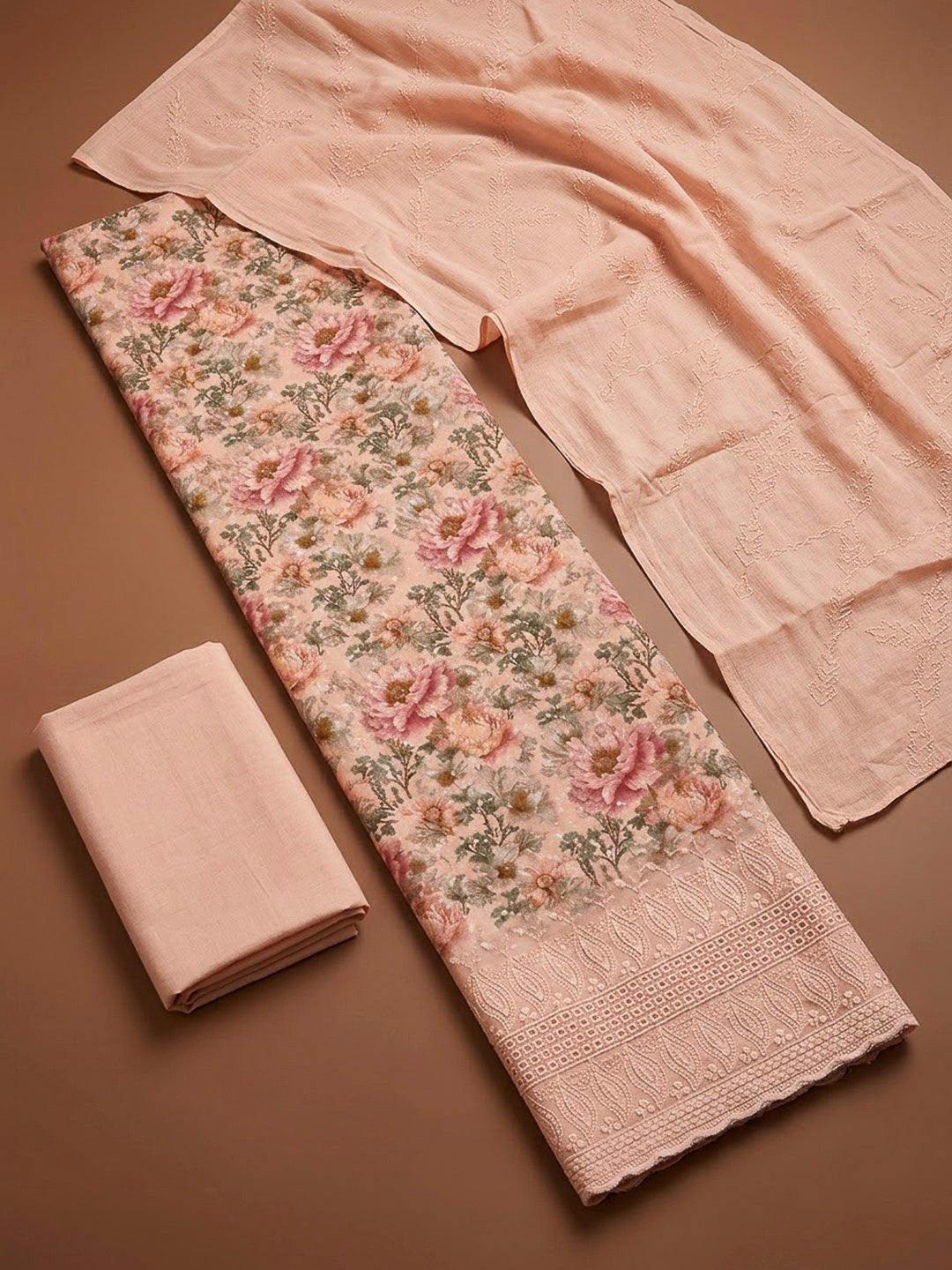 Peach Cotton Blend Printed Unstitched Dress Material