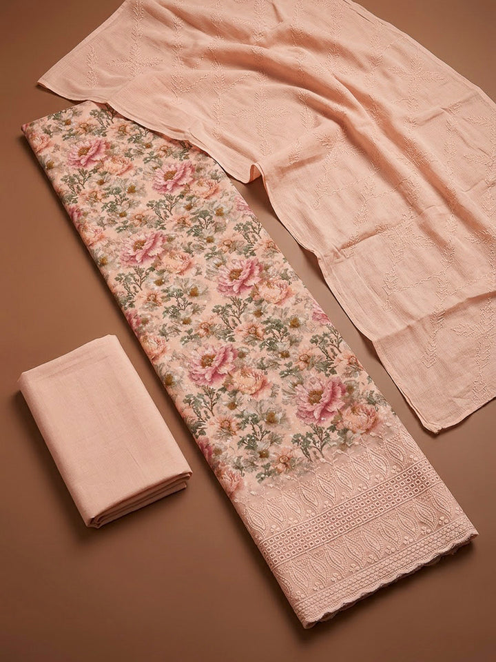 Peach Cotton Blend Printed Unstitched Dress Material