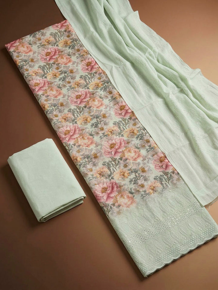 Pista Green Cotton Blend Printed Unstitched Dress Material