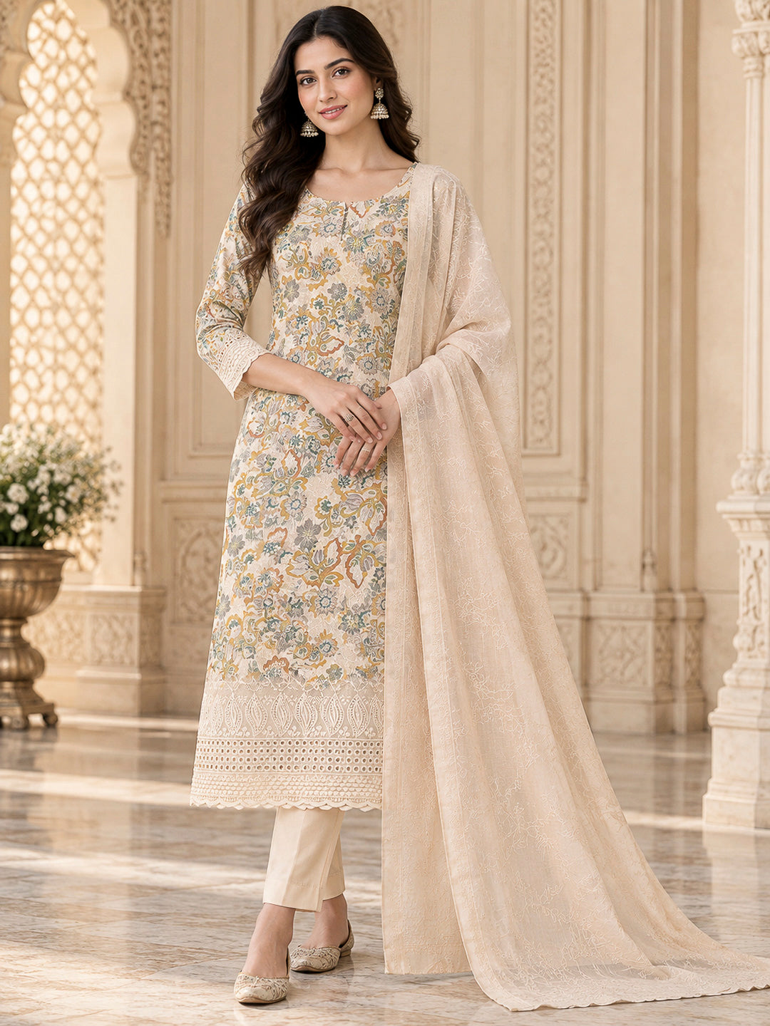 Beige Cotton Blend Printed Unstitched Dress Material